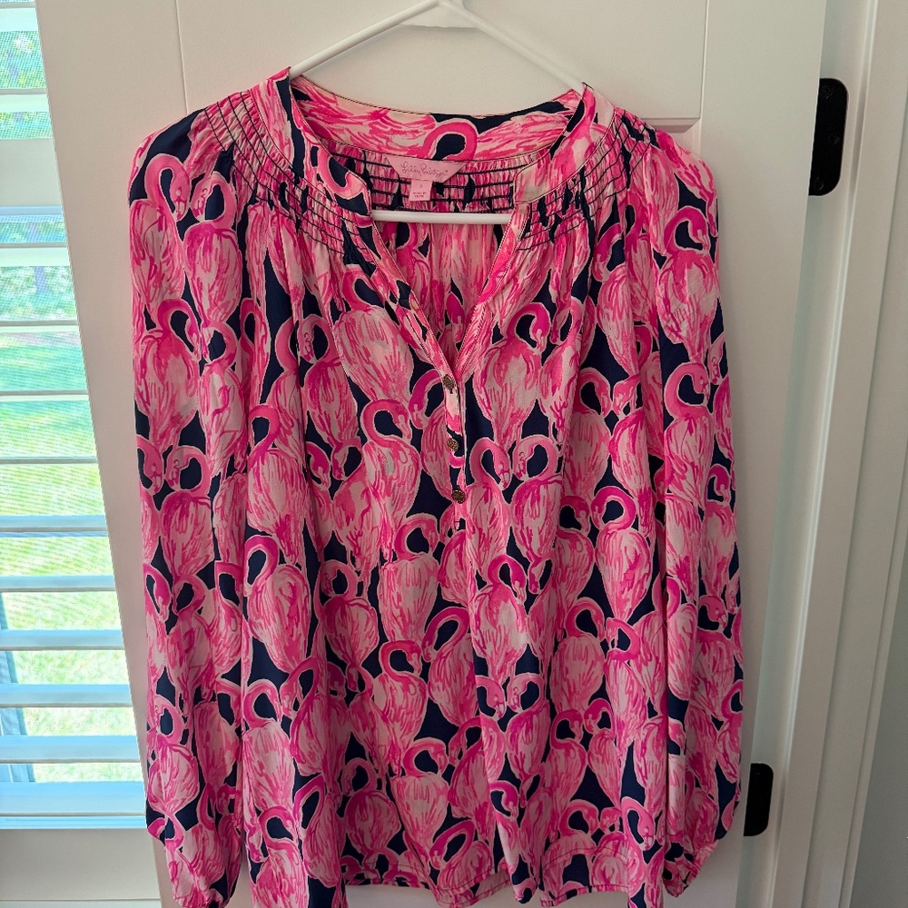 Lilly Pulitzer Smocked Neck Blouse | S | Pink Flamingo Print